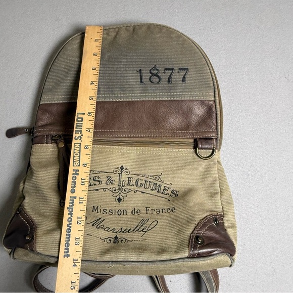 Myra Backpack Bag S-4450 France Cafes Canvas Upcycled Green Gray Brown 1877